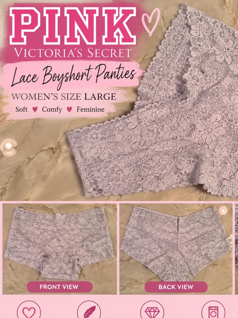 PINK Victoria's Secret Lace Boyshort Panty - SIZE LARGE